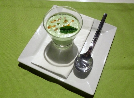 Chilled cucumber, yoghurt and mint soup with currents and roasted pine nuts